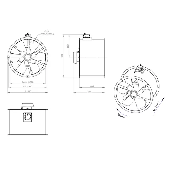 Ventilador axial para conductos de 900 mm - AL 900 D4 03 CFG