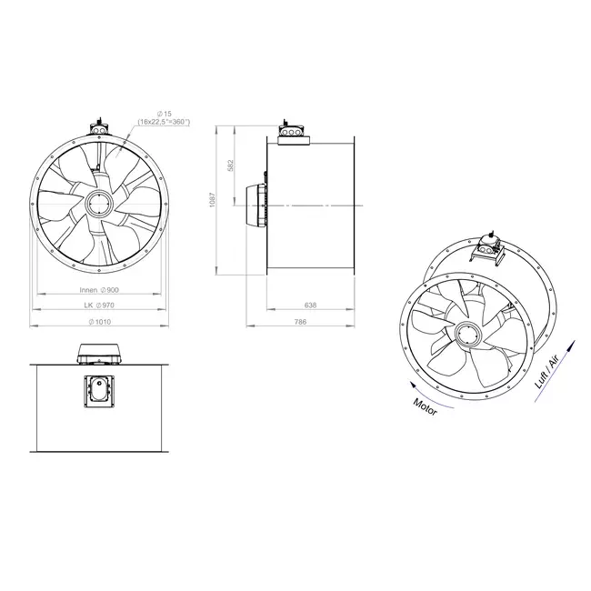 Ventilador axial para conductos de 900 mm - AL 900 D4 04 CFG