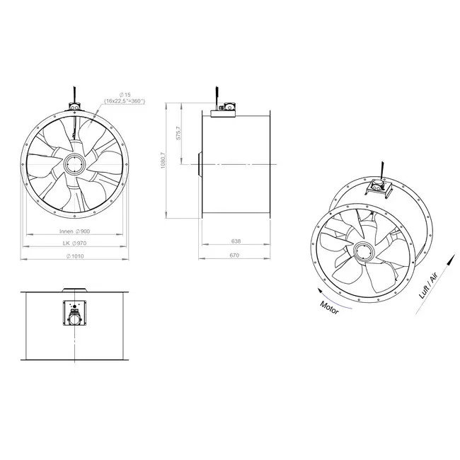 Ventilador axial para conductos de 900 mm - AL 900 D84U 01 CFG