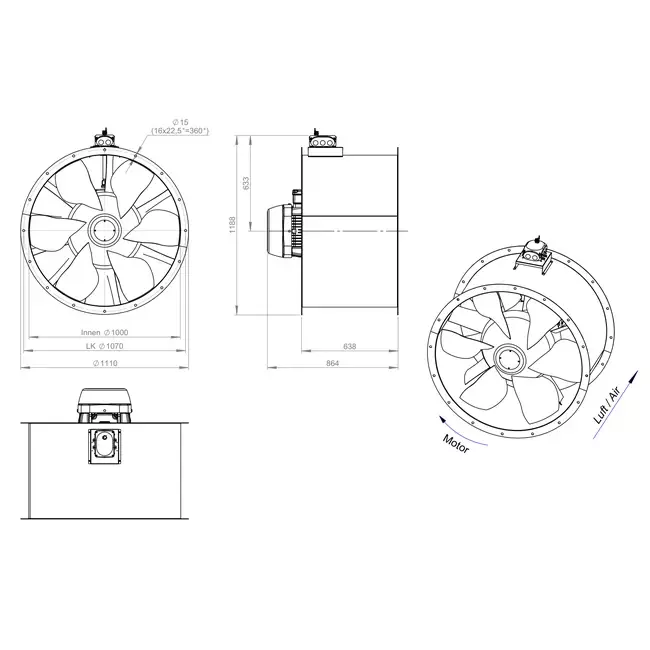 Ventilador axial para conductos de 1000 mm - AL 1000 D4 04 CFG
