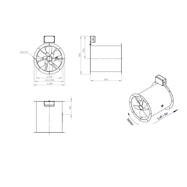 Ventilador de gases de combustión canalizado axial de 315 mm F400 - AL 315 D2 F4 01 CFG