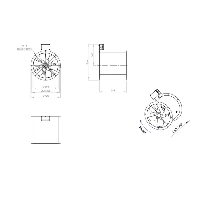 Ventilador de gases de combustión canalizado axial de 355 mm F400 - AL 355 D42U F4 02 CFG