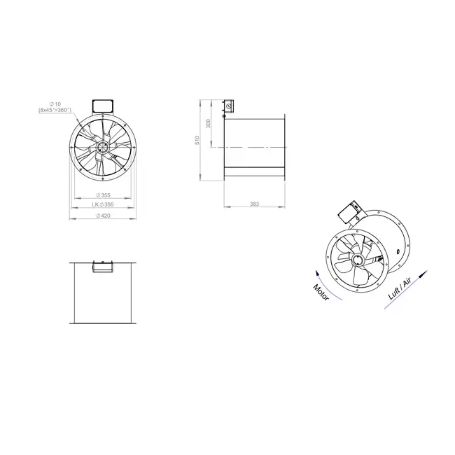 Ventilador de gases de combustión canalizado axial de 355 mm F400 - AL 355 D42U F4 01 CFG