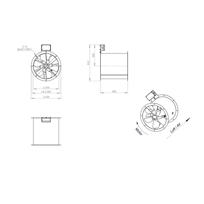 Ventilador de gases de combustión canalizado axial de 355 mm F300- AL 355 D42U F3 01 CFG