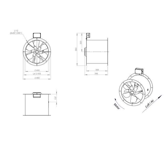 Ventilador axial de gases de combustión canalizado de 400 mm F400 - AL 400 D2 F4 01 CFG