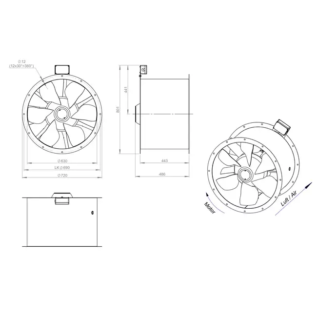 Ventilador axial de humos canalizado de 630 mm F400 - AL 630 D4 F4 03 CFG