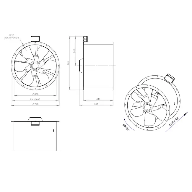 Ventilador axial de humos canalizado de 630 mm F400 - AL 630 D4 F4 01 CFG