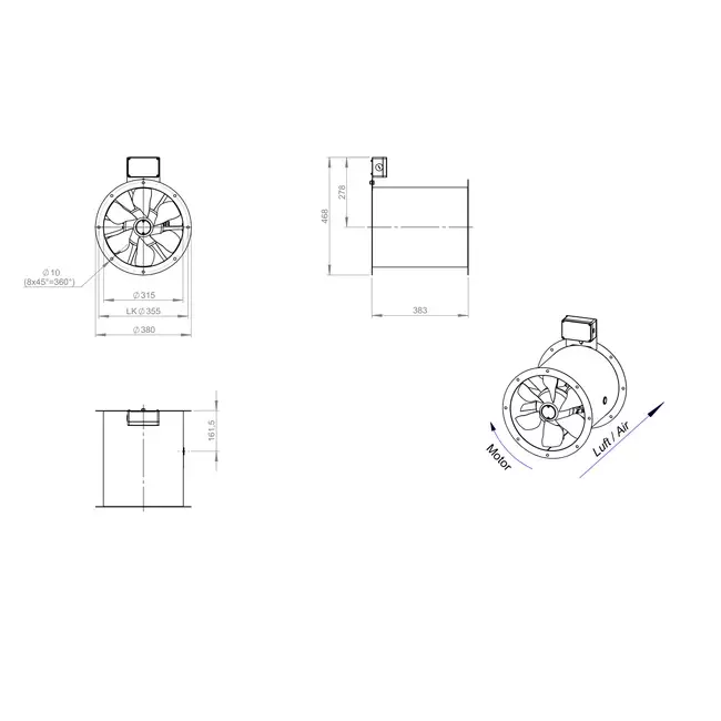 Ventilador de gases de combustión canalizado axial de 315 mm F300- AL 315 D42U F3 02 CFG