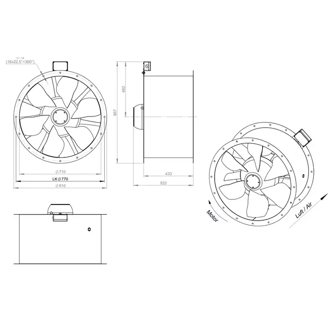 Ventilador de gases de combustión canalizado axial de 710 mm F300- AL 710 D4 F3 02 CFG