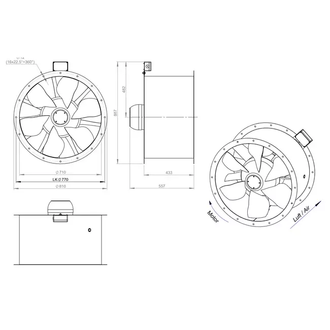 Ventilador de gases de combustión canalizado axial de 710 mm F400 - AL 710 D84U F4 02 CFG