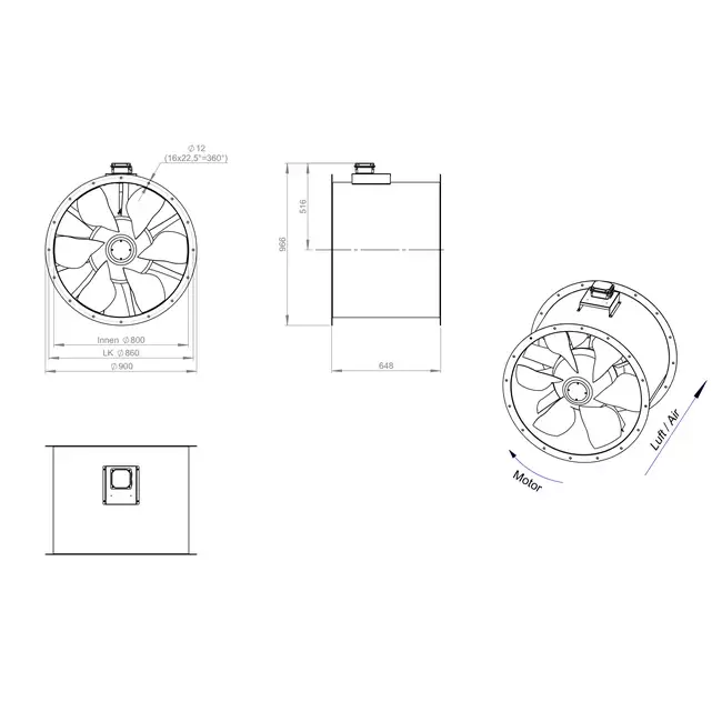 Ventilador de conducto axial de 800 mm para gases de combustión F400 - AL 800 D4 F4 04 CFG