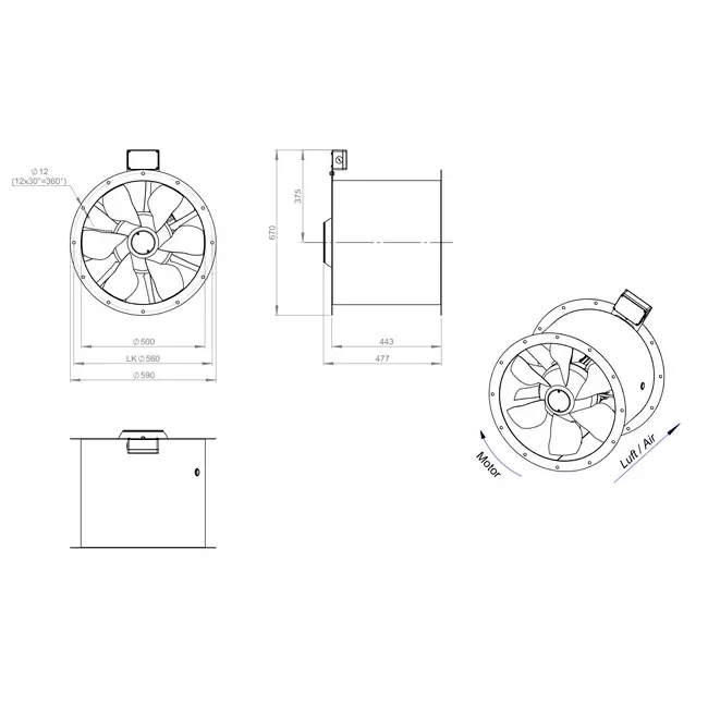 Ventilador de gases de combustión canalizado axial de 500 mm F400 - AL 500 D2 F4 02 CFG