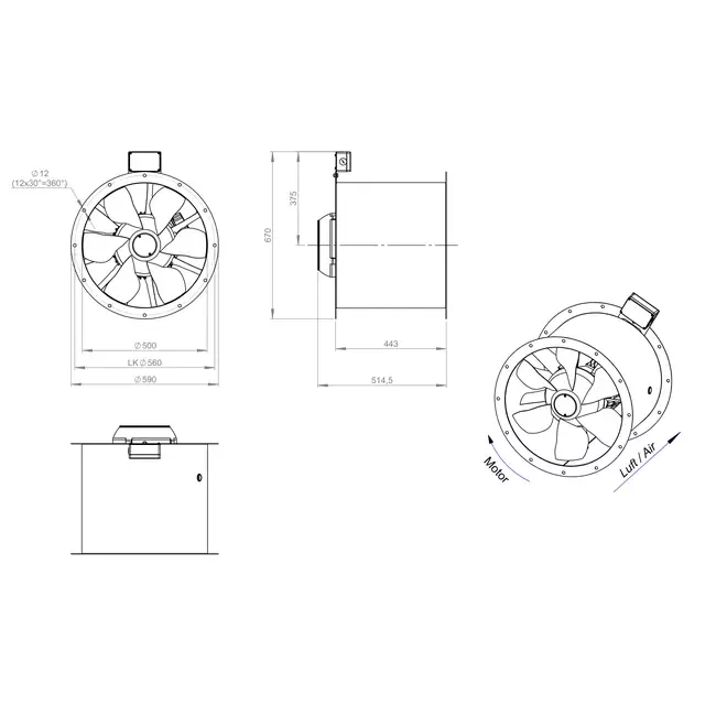 Ventilador de gases de combustión canalizado axial de 500 mm F400 - AL 500 D2 F4 01 CFG
