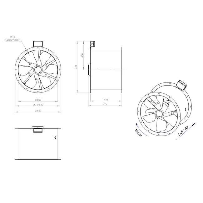 Ventilador de gases de combustión canalizado axial de 560 mm F400 - AL 560 D4 F4 02 CFG