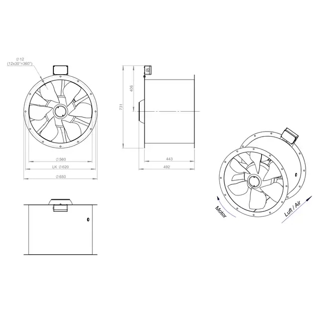 Ventilador de gases de combustión canalizado axial de 560 mm F400 - AL 560 D4 F4 04 CFG