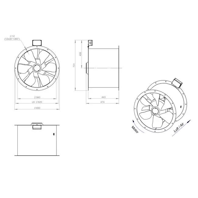 Ventilador de gases de combustión canalizado axial de 560 mm F400 - AL 560 D84U F4 01 CFG