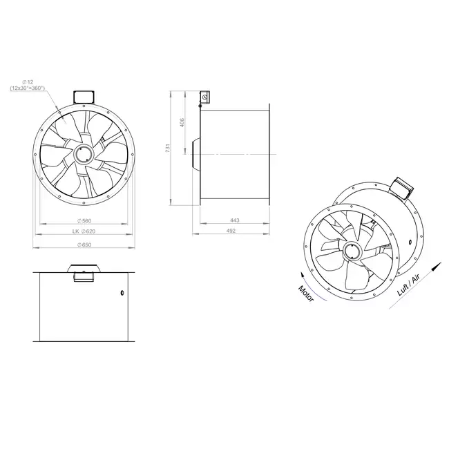 Ventilador de gases de combustión canalizado axial de 560 mm F300- AL 560 D4 F3 04 CFG
