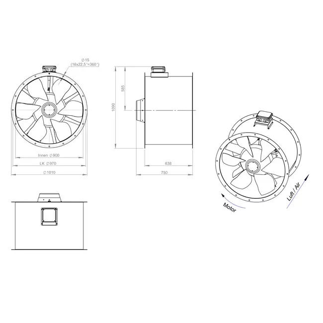 Ventilador de gases de combustión canalizado axial de 900 mm F400 - AL 900 D4 F4 03 CFG