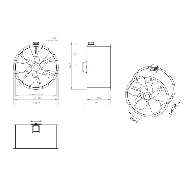 Ventilador de conducto axial de 1250 mm para gases de combustión F300- AL 1250 D6 F3 07 CFG