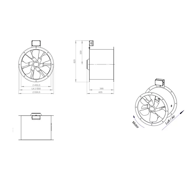Ventilador de gases de combustión canalizado axial de 450 mm F400 - AL 450 D2 F4 02 CFG