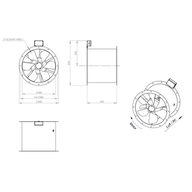 Ventilador de gases de combustión canalizado axial de 500 mm F400 - AL 500 D4 F4 01 CFG