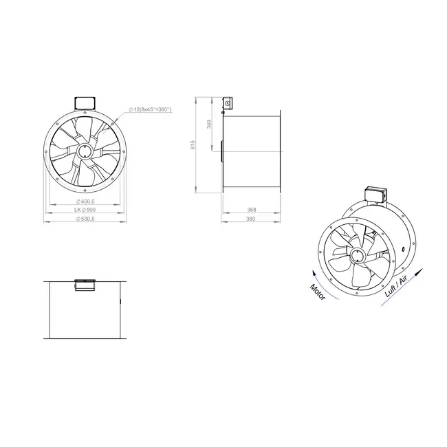 Ventilador de gases de combustión canalizado axial de 450 mm F300- AL 450 D4 F3 02 CFG