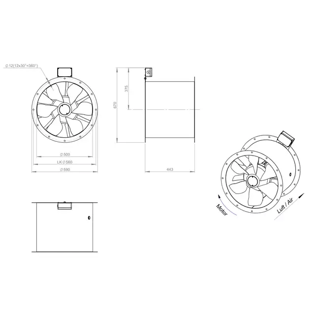 Ventilador de gases de combustión canalizado axial de 500 mm F300- AL 500 D4 F3 02 CFG