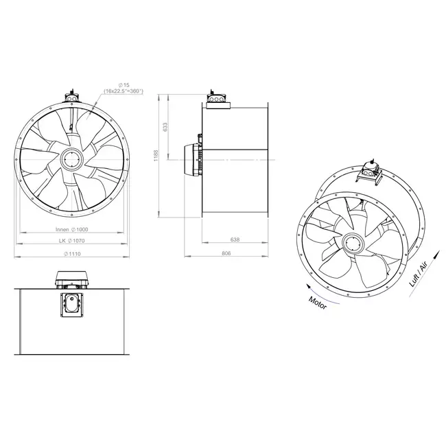 Ventilador axial para conductos de 1000 mm - AL 1000 D84U 01 CFG