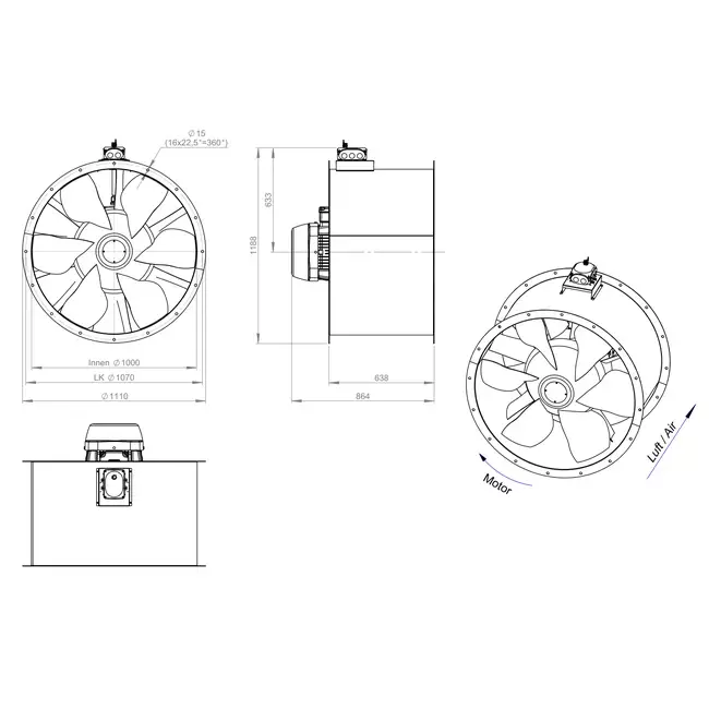 Ventilador axial para conductos de 1000 mm - AL 1000 D84U 02 CFG