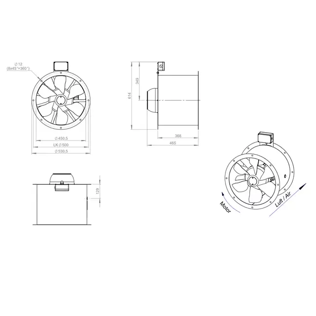 Ventilador de gases de combustión canalizado axial de 450 mm F300- AL 450 D42U F3 01 CFG