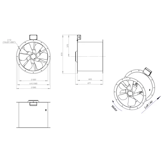 Ventilador de gases de combustión canalizado axial de 500 mm F300- AL 500 D42U F3 02 CFG