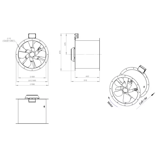 Ventilador de gases de combustión canalizado axial de 500 mm F300- AL 500 D42U F3 01 CFG