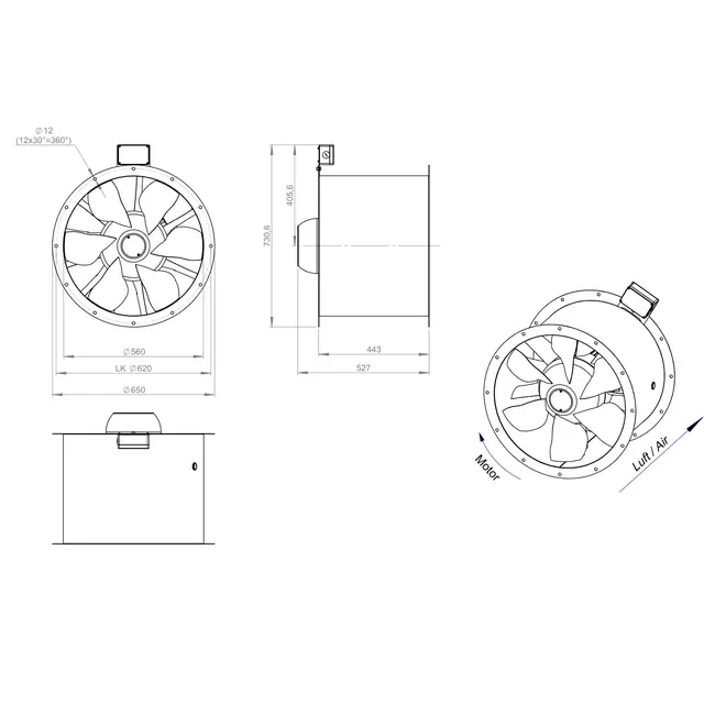 Ventilador de conducto axial de 560 mm para gases de combustión F300- AL 560 D84U F3 02 CFG