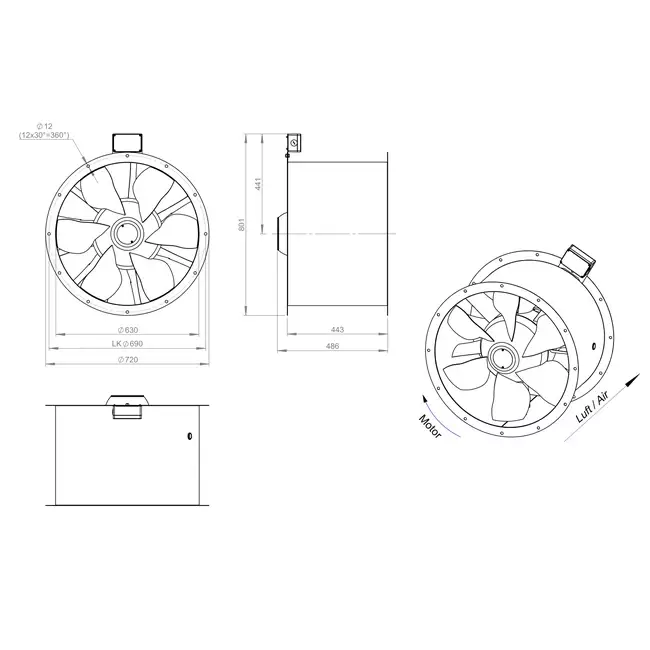 Ventilador de conducto de humos axial de 630 mm F300- AL 630 D84U F3 02 CFG