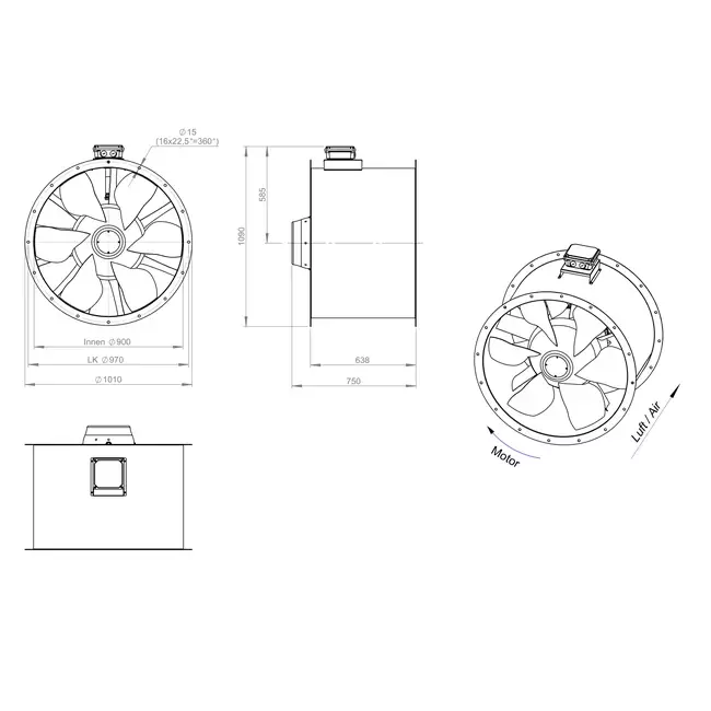 Ventilador de gases de combustión canalizado axial de 900 mm F300- AL 900 D84U F3 02 CFG
