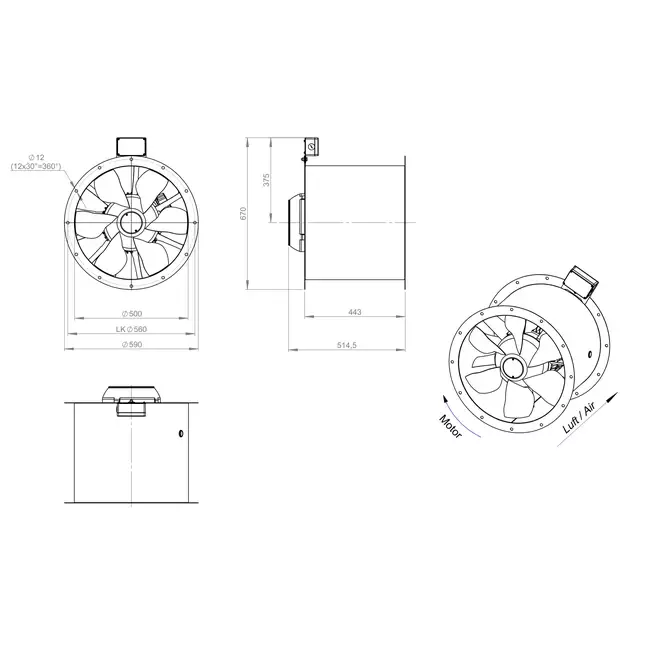 Ventilador de gases de combustión canalizado axial de 500 mm F300- AL 500 D2 F3 03 CFG
