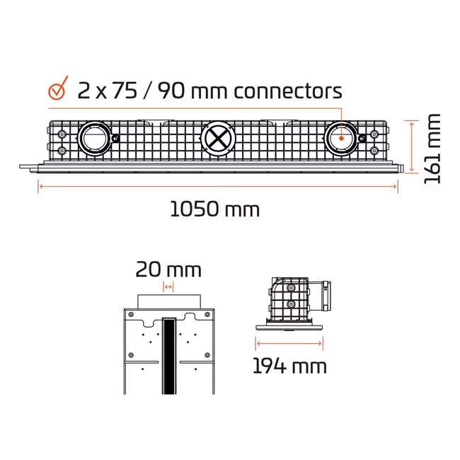 Difusor de ranura sin marco Ergovent 1050 mm con diámetro de conexión de 75 mm - modular - 1 ranura