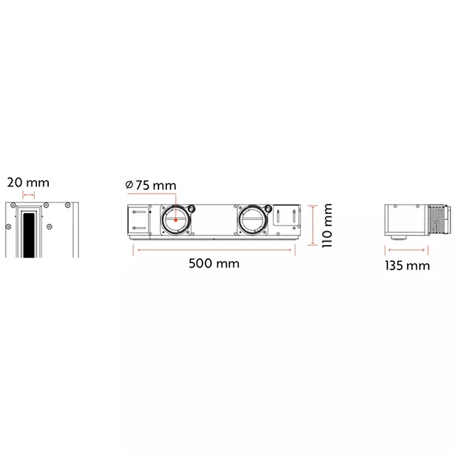 Rejilla sin marco Ergovent de 500 mm con diámetro de conexión de 75 mm - estándar