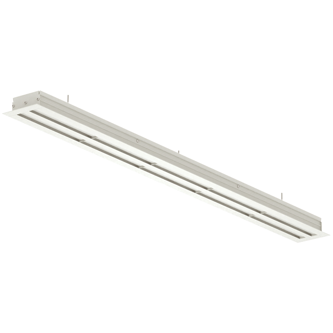 Rejilla lineal de aluminio con 4 láminas de patrón ajustables – 1500 mm – RAL 9010 + plenum aislado acústicamente con válvula reguladora de caudal de aire