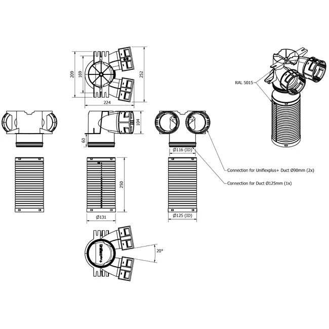 Vent-Axia Uniflexplus válvula colectora 2 x Ø90 mm - Ø125 mm