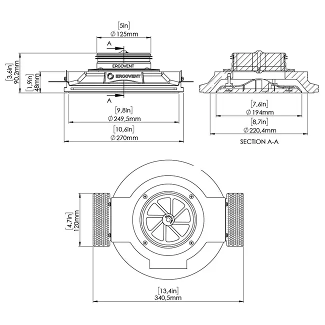 Válvula de ventilación redonda sin marco de Ergovent, de 125 mm, empotrable, con efecto Coanda
