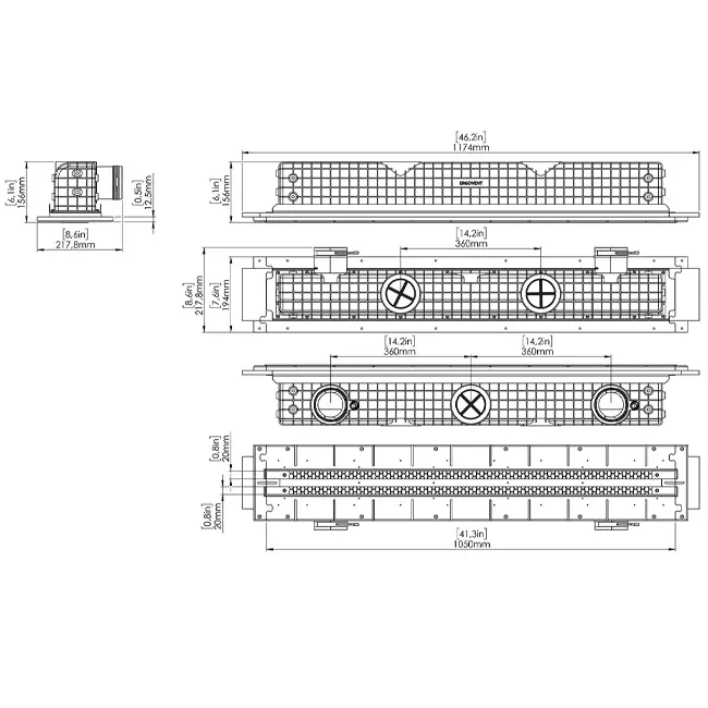Rejilla lineal sin marco de Ergovent, empotrable, de 1050 mm con diámetro de conexión de 75 mm - modular - 2 ranuras