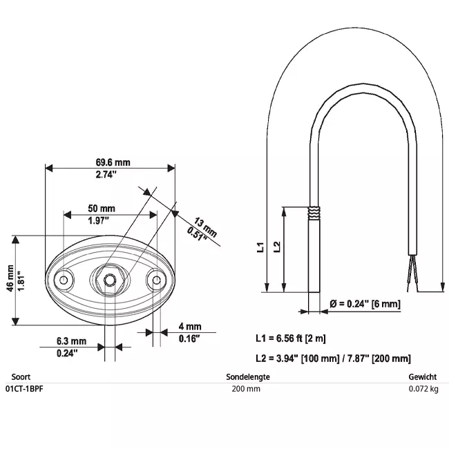 Sensor de temperatura por cable Belimo PT1000 200x6 mm - 2 metros con brida de montaje - 01CT-1BPF