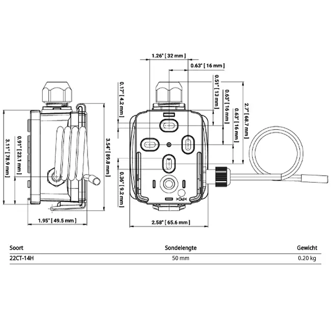 Sensor de temperatura por cable Belimo 4-20 mA - sonda 50x6 mm - 2 metros - 22CT-14H
