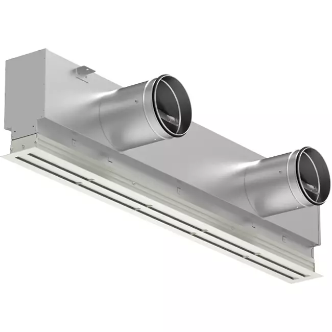 Rejilla lineal de aluminio con 4 láminas de patrón ajustables – 1500 mm – RAL 9010 + plenum aislado acústicamente con válvula reguladora de caudal de aire