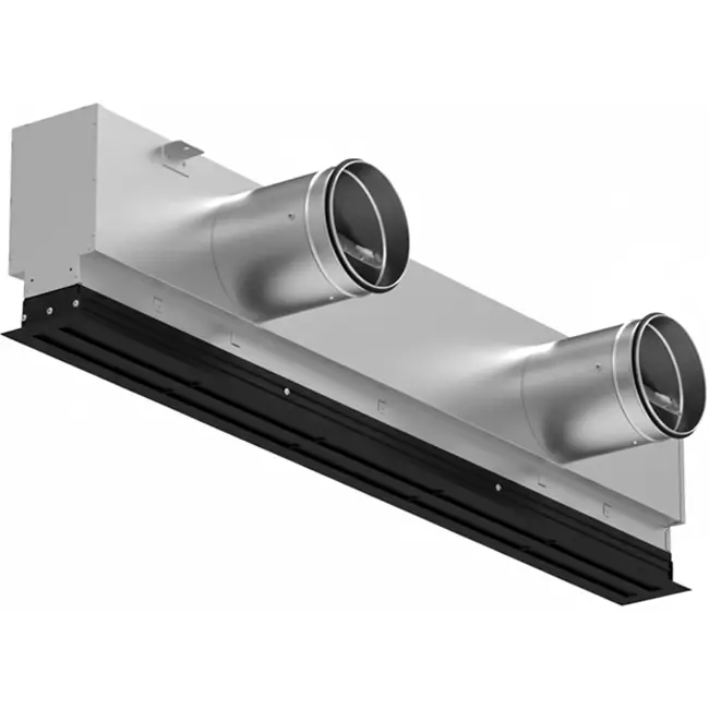 Rejilla lineal de aluminio con 1 lámina de distribución ajustable – 1250 mm – RAL 9005 + plenum aislado acústicamente con válvula reguladora de caudal de aire