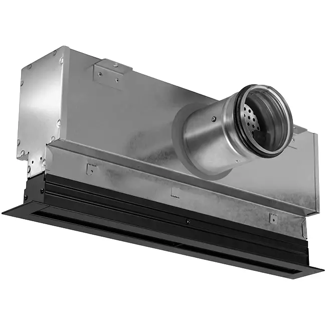 Rejilla lineal de aluminio con 1 lámina de distribución ajustable – 1000 mm – RAL 9005 + plenum aislado acústicamente con válvula reguladora de caudal de aire
