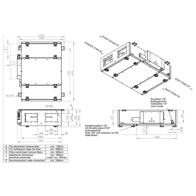Cajas de tratamiento de aire Maxivent WTW con intercambiador de calor de contracorriente de 700 m³/h, horizontal a la derecha - PHE 700 F OOJR