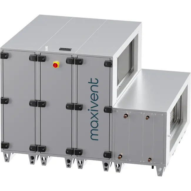 Cajas de tratamiento de aire Maxivent WTW con rueda de calor de 12 600 m³/h, con batería de agua caliente y batería de agua fría, disposición horizontal a la derecha - RHE 12600 H WKJR T 01