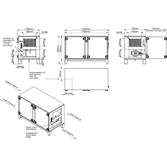 Cajas de tratamiento de aire Maxivent WTW con intercambiador de calor de contracorriente de 700 m³/h con batería de agua caliente, horizontal a la derecha - PHE 700 H WOJR
